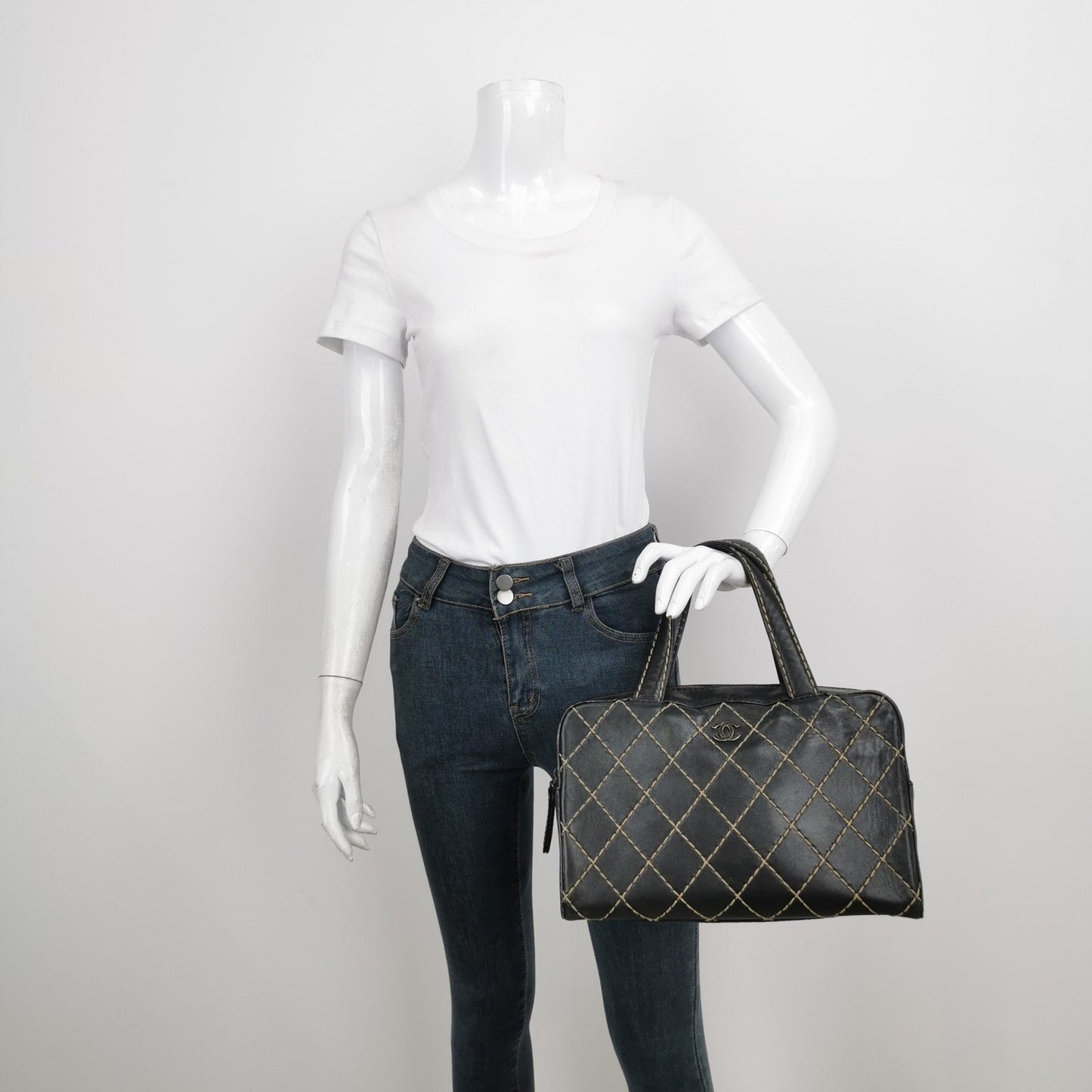 Chanel Surpique Zip Around Satchel Black Quilted Wild Stitch Leather Large