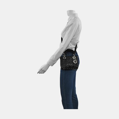 Lady Dior Mini Black Silk with Crystals Silver Hardware