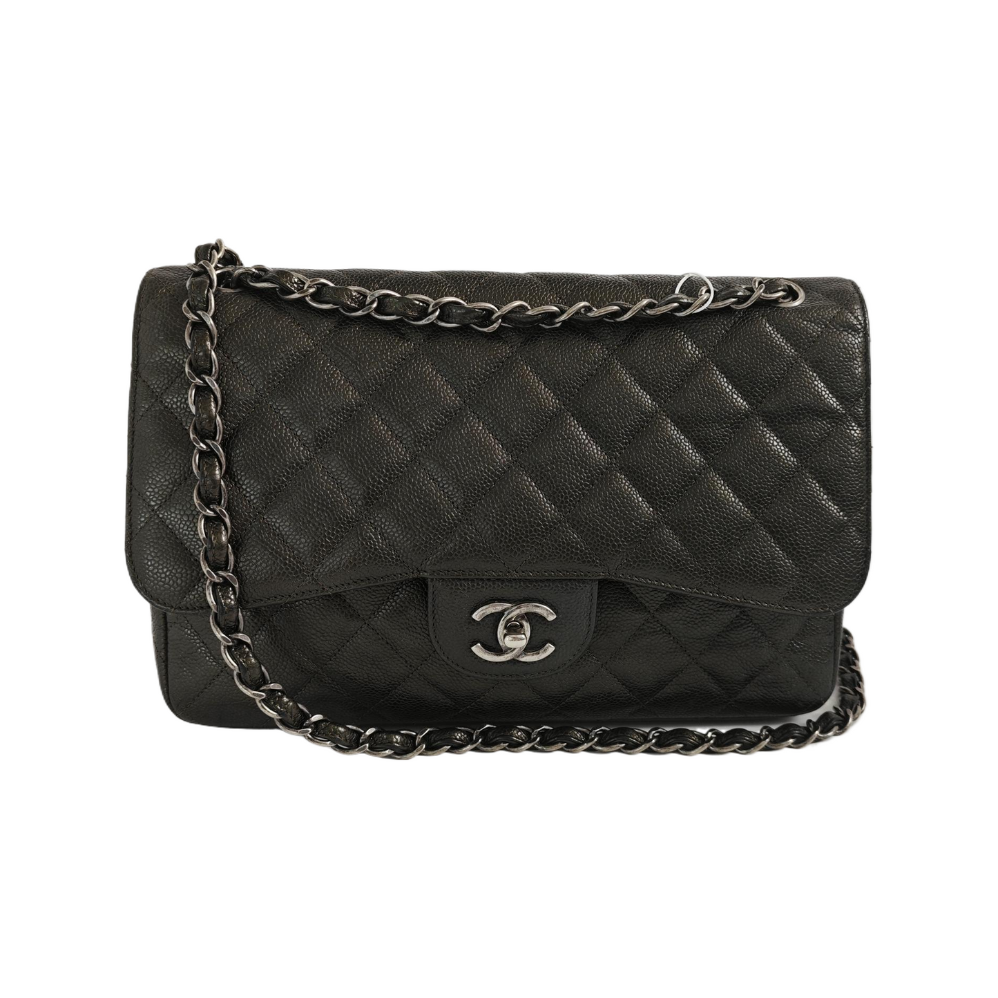 Chanel Classic Flap Jumbo Dark Green Caviar Leather Double Flap Silver Hardware