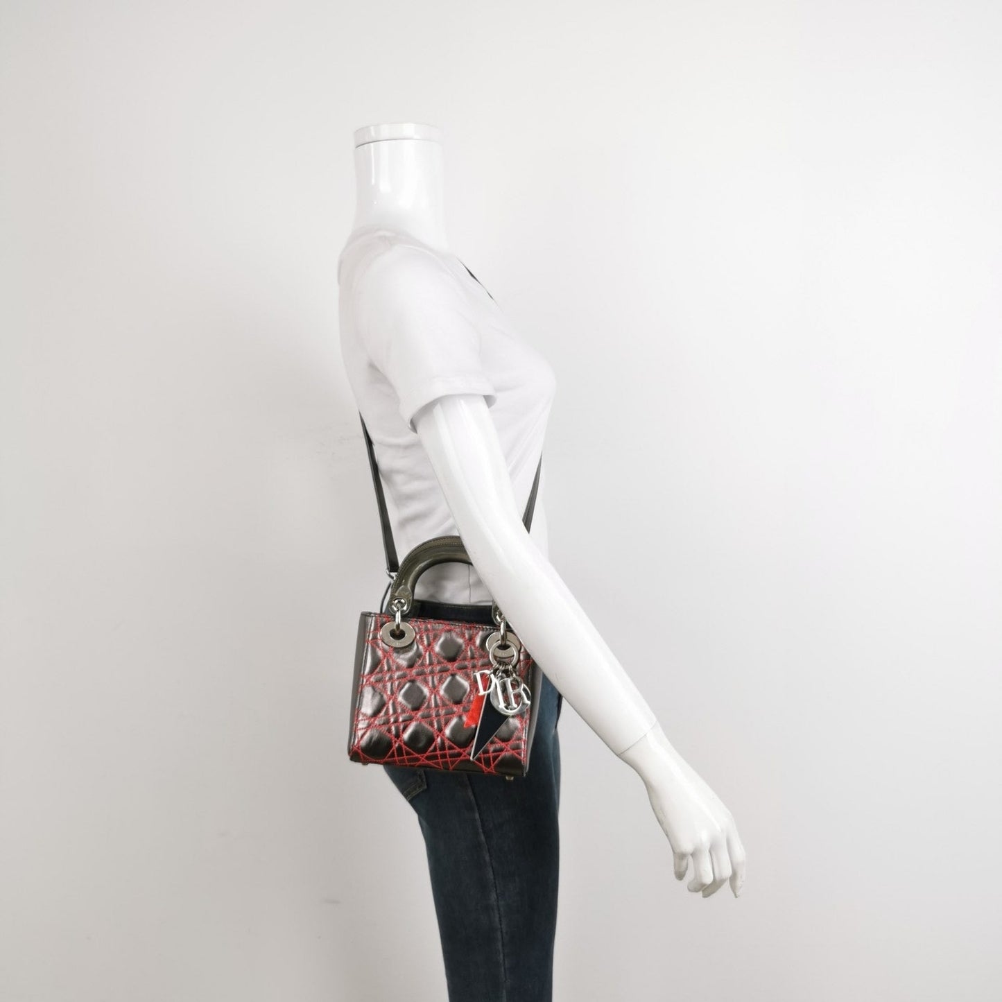 Lady Dior Mini Grey Leather with Red Cannage Stitching 2011 Dior X Anselm Reyle Collection