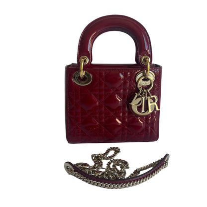 Lady Dior Mini Handbag Burgundy Red Patent Leather Gold-tone Chain Strap 2016