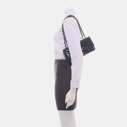Chanel Baguette Flap Shoulder Bag Chevron Black Patent Leather Silver Double Chain