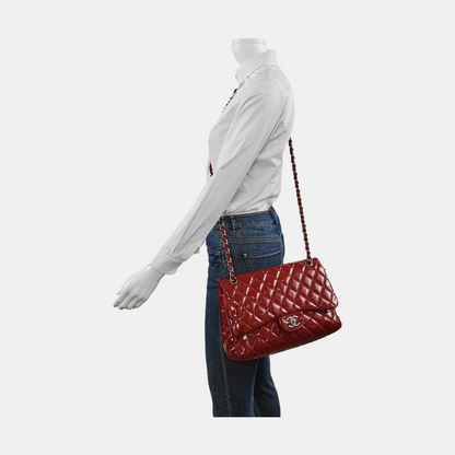 Chanel Classic Flap Jumbo Red Patent Leather Double Flap Silver Hardware
