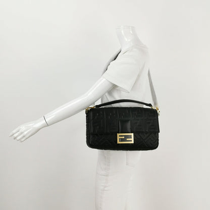 Fendi Baguette Black Leather 3D FF Motif Crossbody Bag Large