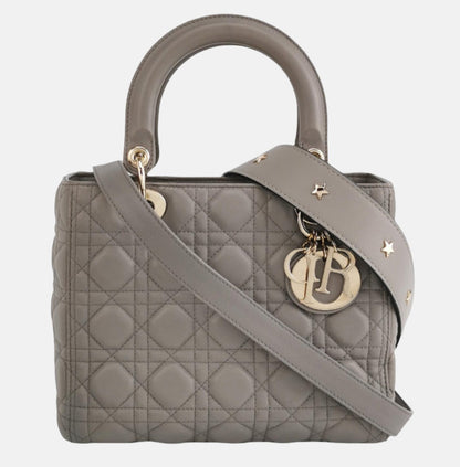 Lady Dior Grey Medium Lambskin Cannage Leather Handbag ABC Strap