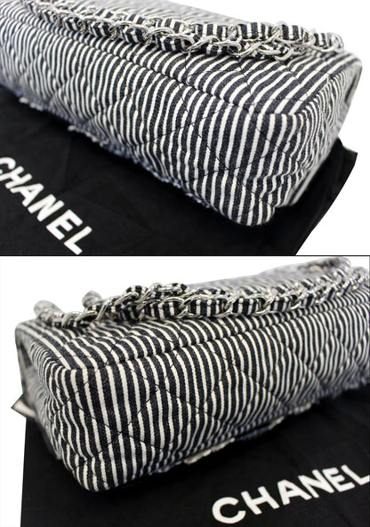 CHANEL Black/White Striped Medium Flap Shoulder Bag - Sale
