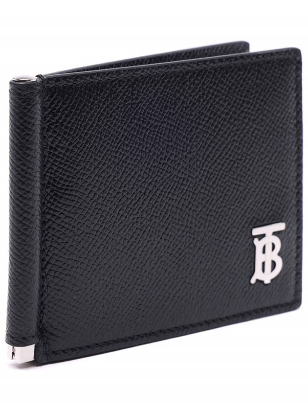 Luxury Burberry Men's TB Money Clip Grainy Leather Half Wallet Black