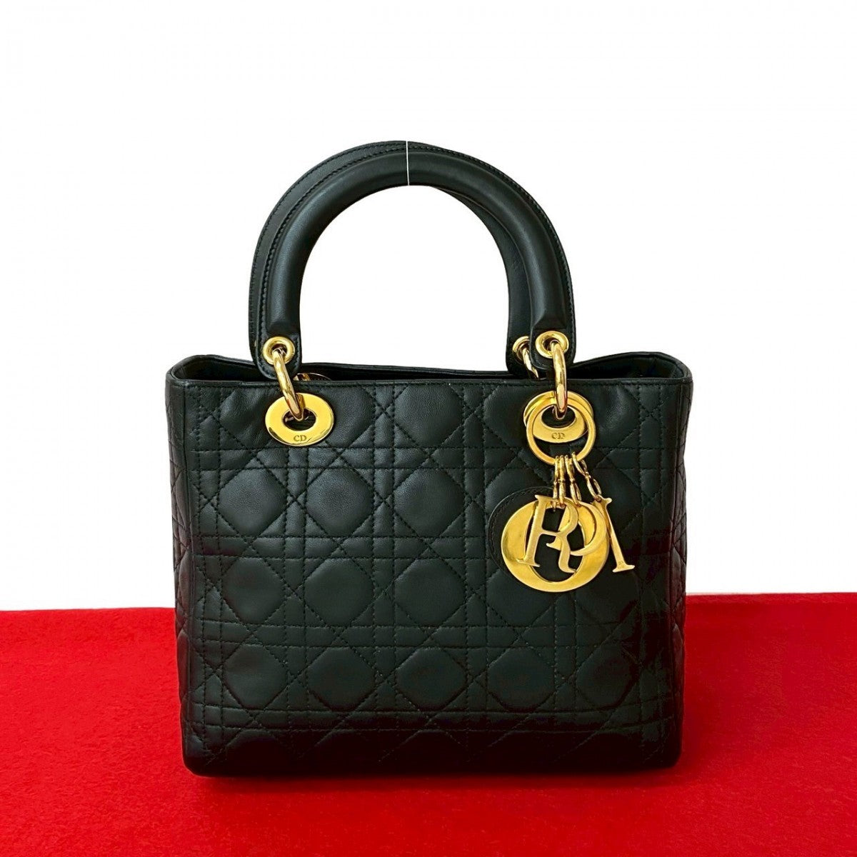 Dior Handbag leather black Cannage stitch Lady Dior Women