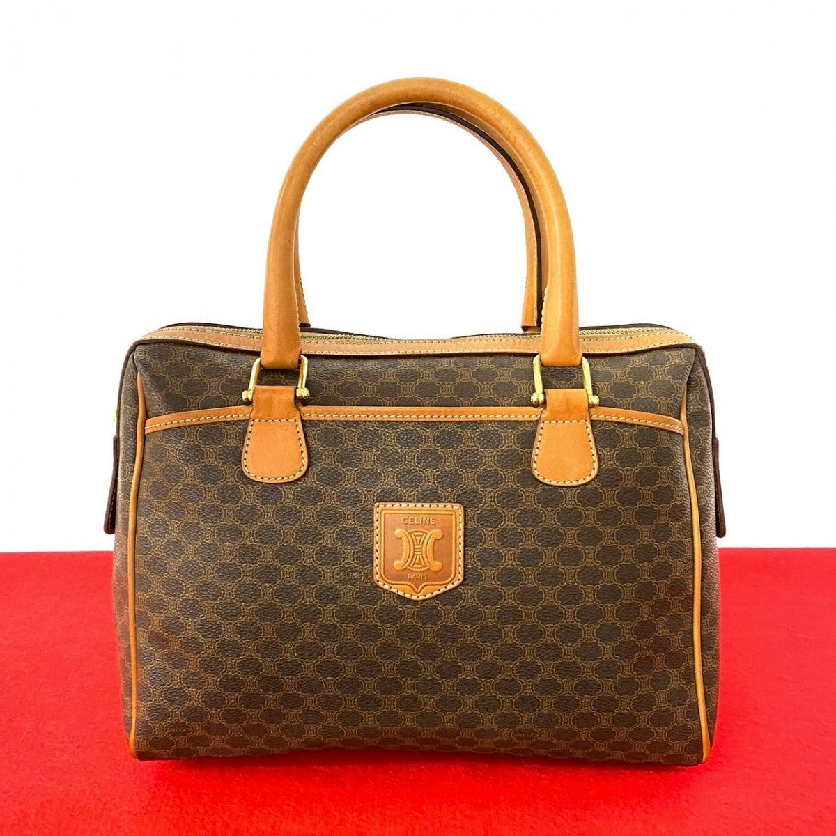 CELINE Handbag Leather, PVC Brown Macadam Blazon Pattern Triomphe logo Women