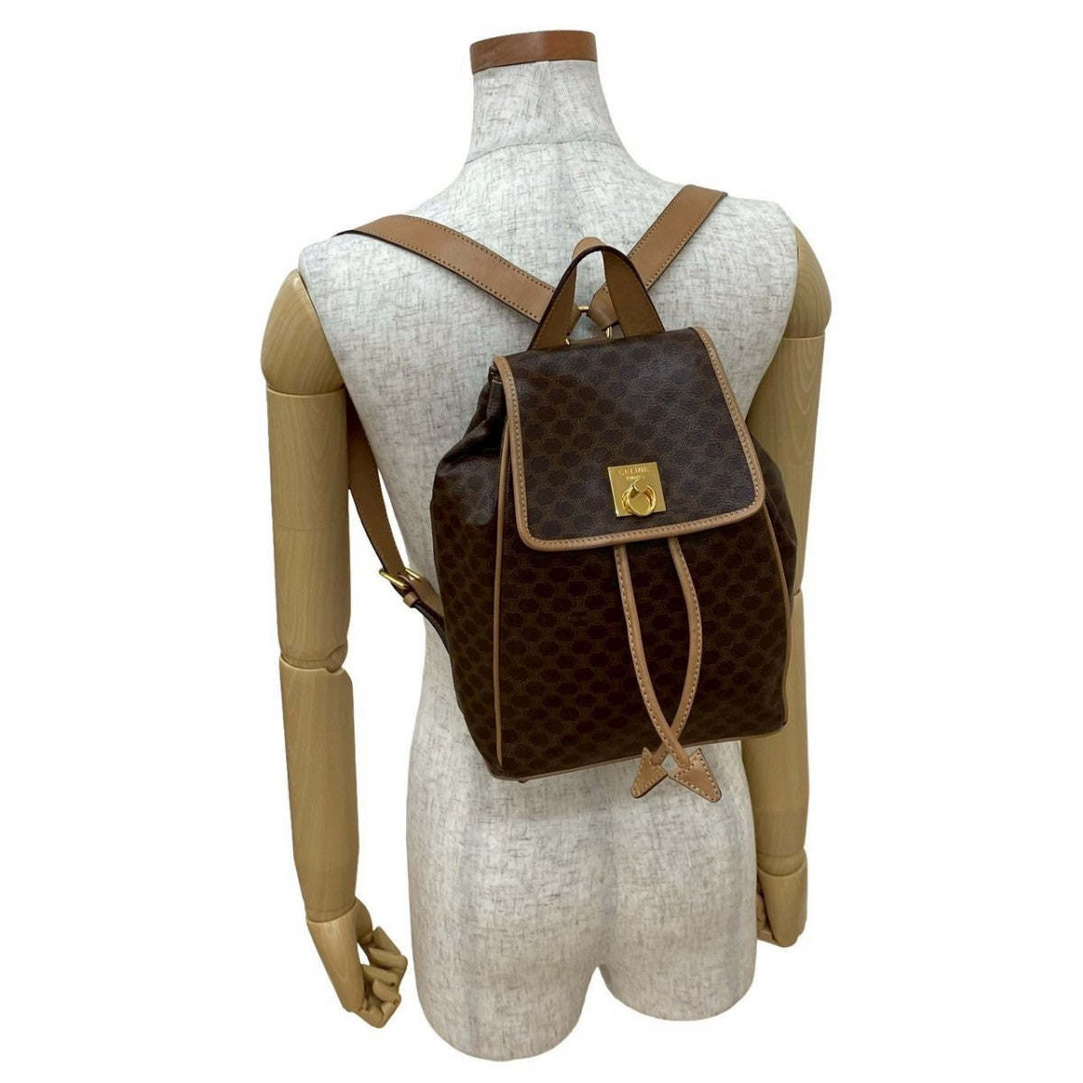 CELINE Backpack leather Brown Macadam Pattern logo ring Metal Women