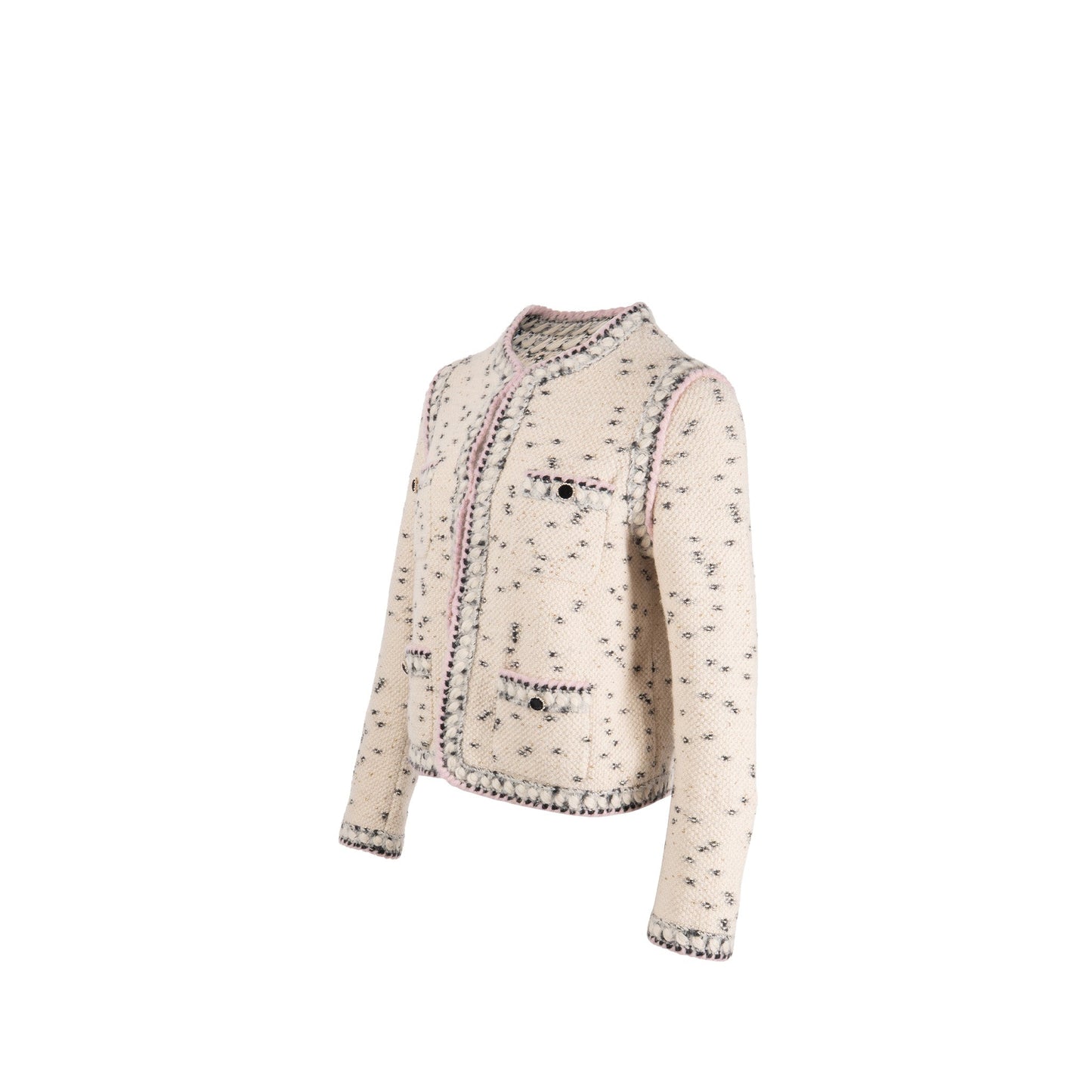 Chanel Size 38 21A Jacket Cashmere/Wool Ecru/Black/Gold/Pink