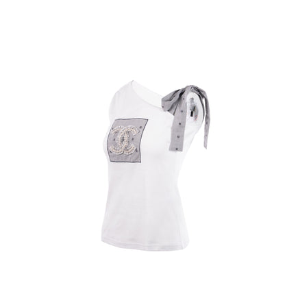 Chanel size 36 top embroidered cotton jersey / cotton white/blue/black