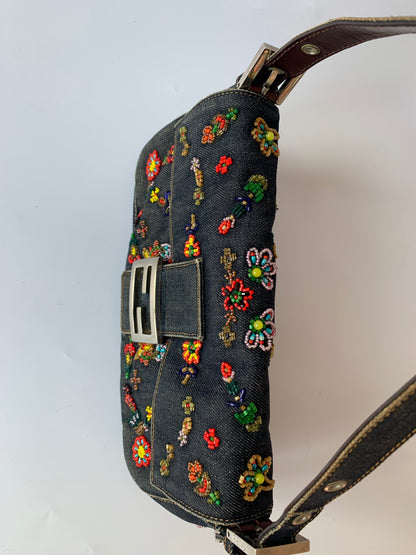 FENDI Baguette Blue Denim with beaded Flower Embroidery