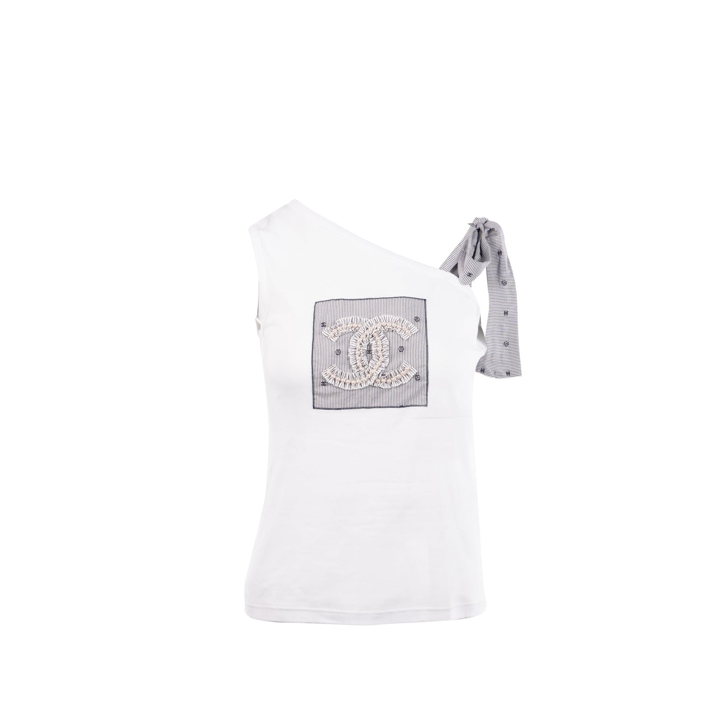 Chanel size 36 top embroidered cotton jersey / cotton white/blue/black
