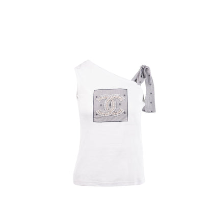 Chanel size 36 top embroidered cotton jersey / cotton white/blue/black