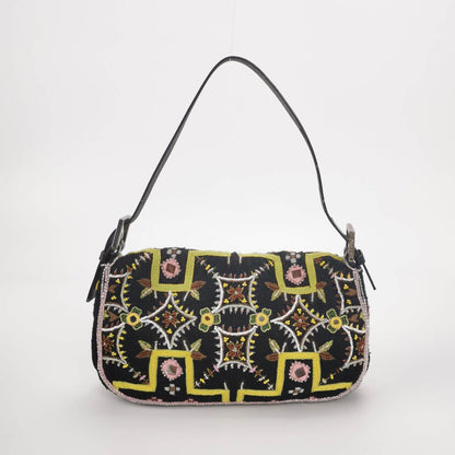 Fendi Baguette Vintage Brown Canvas with embroidery sequins mirrors and tassels