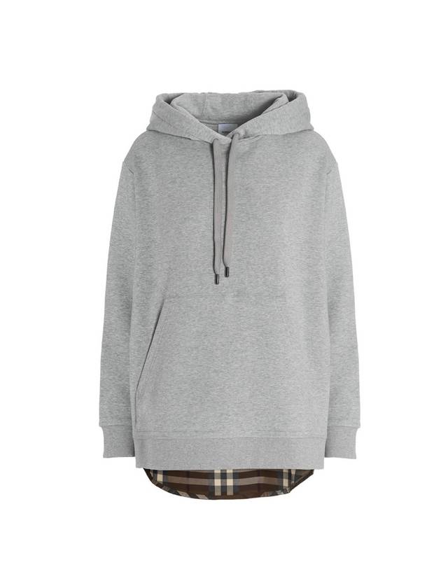 Luxury Burberry Check Panel Cotton Oversized Hoodie Melange Grey