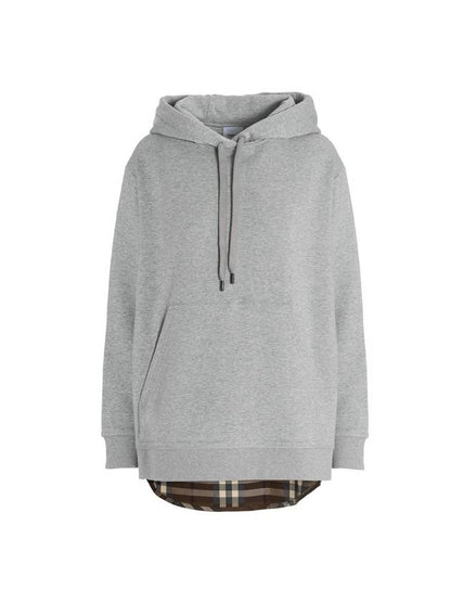 Luxury Burberry Check Panel Cotton Oversized Hoodie Melange Grey