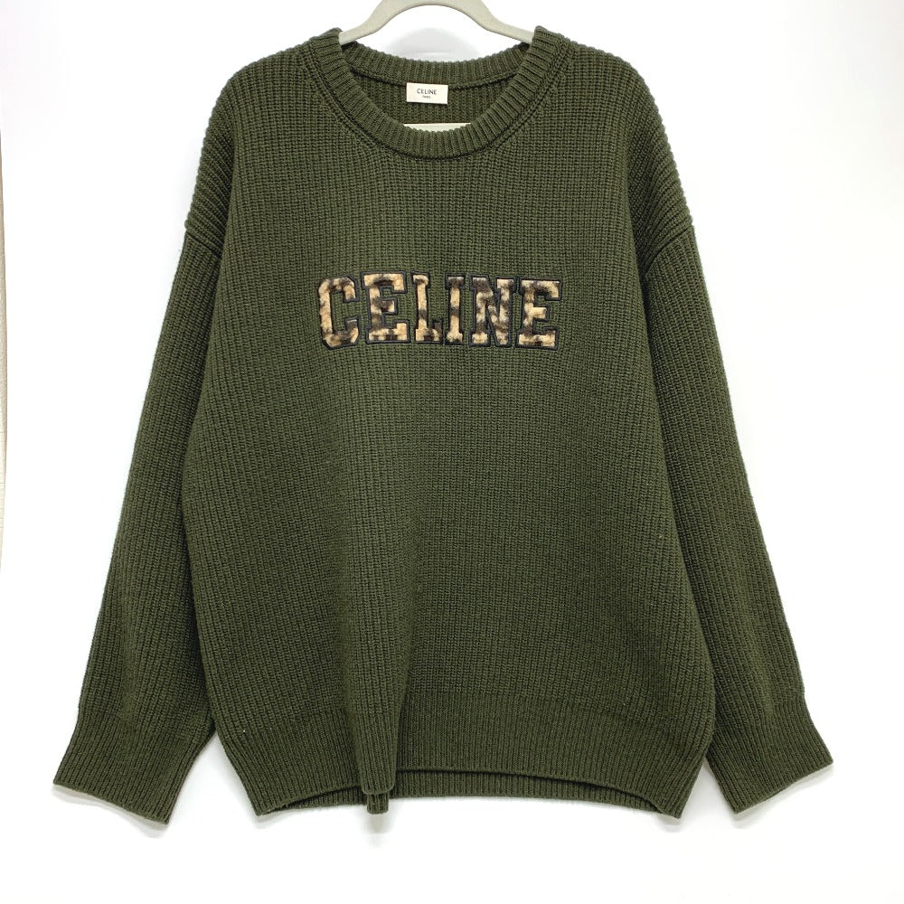 CELINE sweater 2AB97 wool khaki logo Leopard Pattern mens L