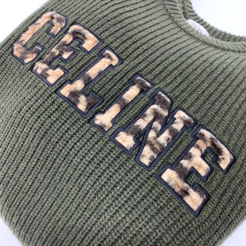 CELINE sweater 2AB97 wool khaki logo Leopard Pattern mens L