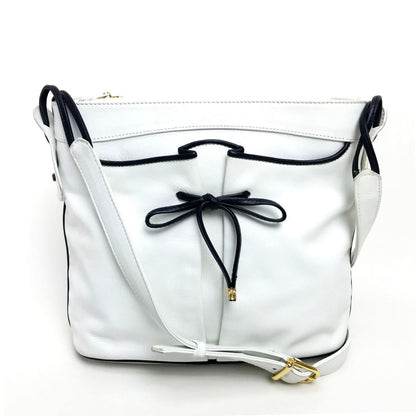 CELINE Shoulder Bag leather White x black Ribbon motif Women