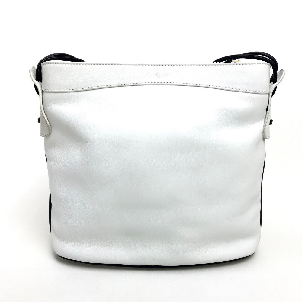 CELINE Shoulder Bag leather White x black Ribbon motif Women