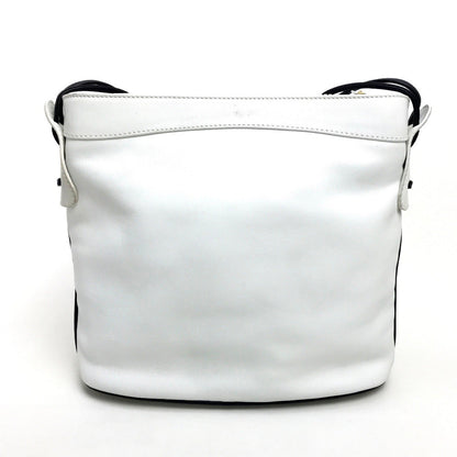 CELINE Shoulder Bag leather White x black Ribbon motif Women