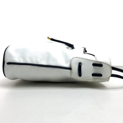 CELINE Shoulder Bag leather White x black Ribbon motif Women