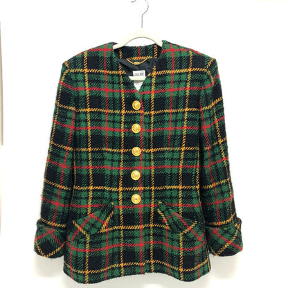 CELINE Jacket tweed Green/Yellow/Red/Black Vintage Check Macadam Button Jacket Outerwear Apparel Women 44