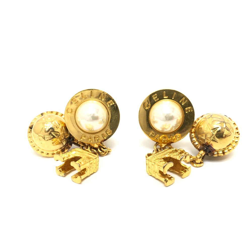 CELINE Earring metal gold Circle logo fake pearl