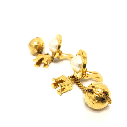CELINE Earring metal gold Circle logo fake pearl