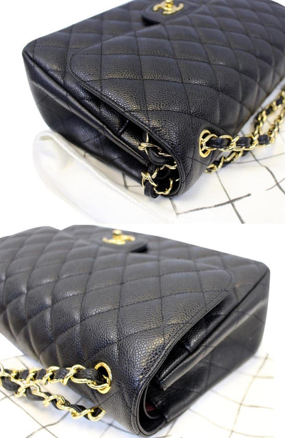 CHANEL Classic Jumbo Caviar Leather Double Flap Shoulder Bag Black