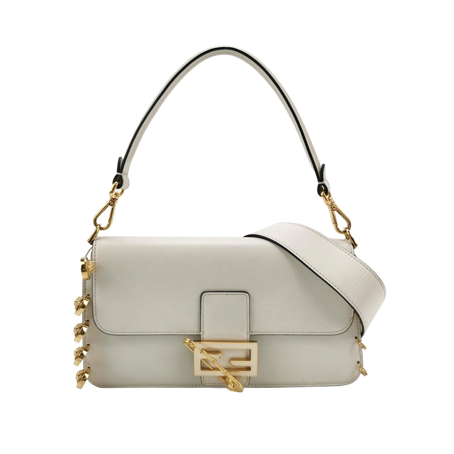 Fendi x Versace Fendace Baguette White Leather Versace Gold Brooch Pins Crossbody Bag Medium