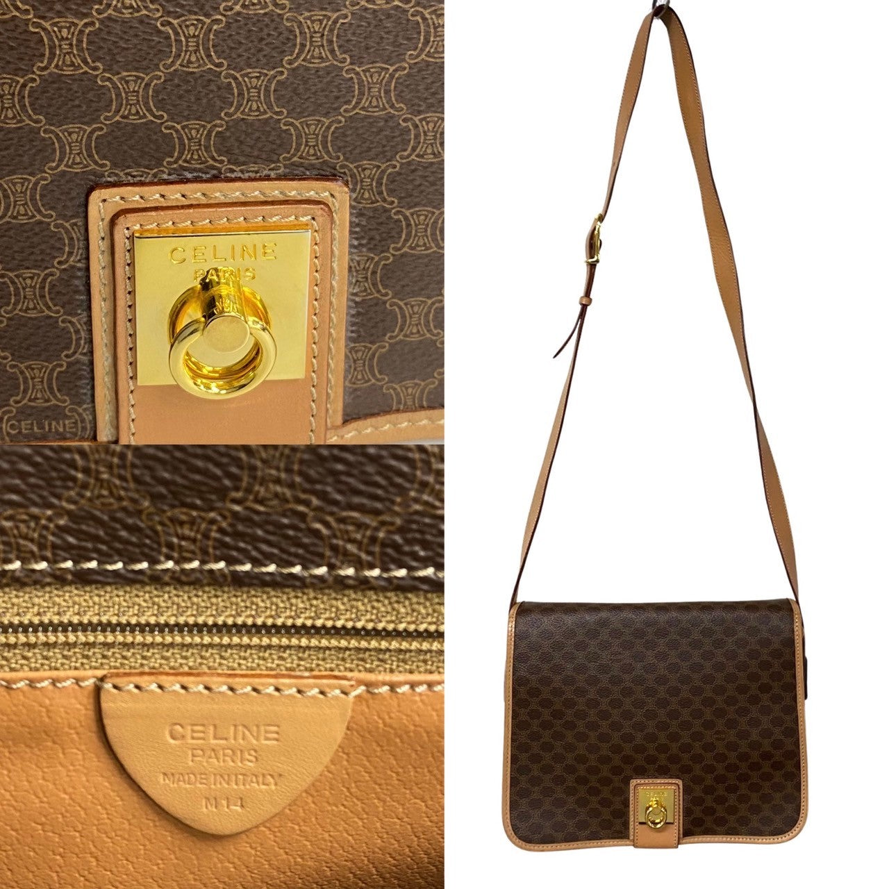 CELINE Shoulder Bag Leather, PVC Brown Macadam Blason Triomphe Pattern Women
