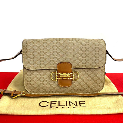 CELINE Shoulder Bag Leather, PVC Brown Macadam Blason Pattern Women