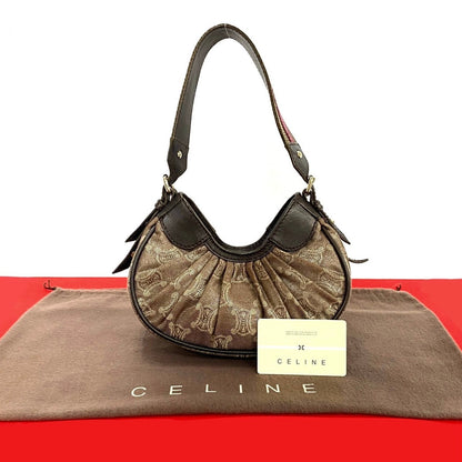 CELINE Handbag Leather, Canvas Brown Triomphe logo Pattern Women