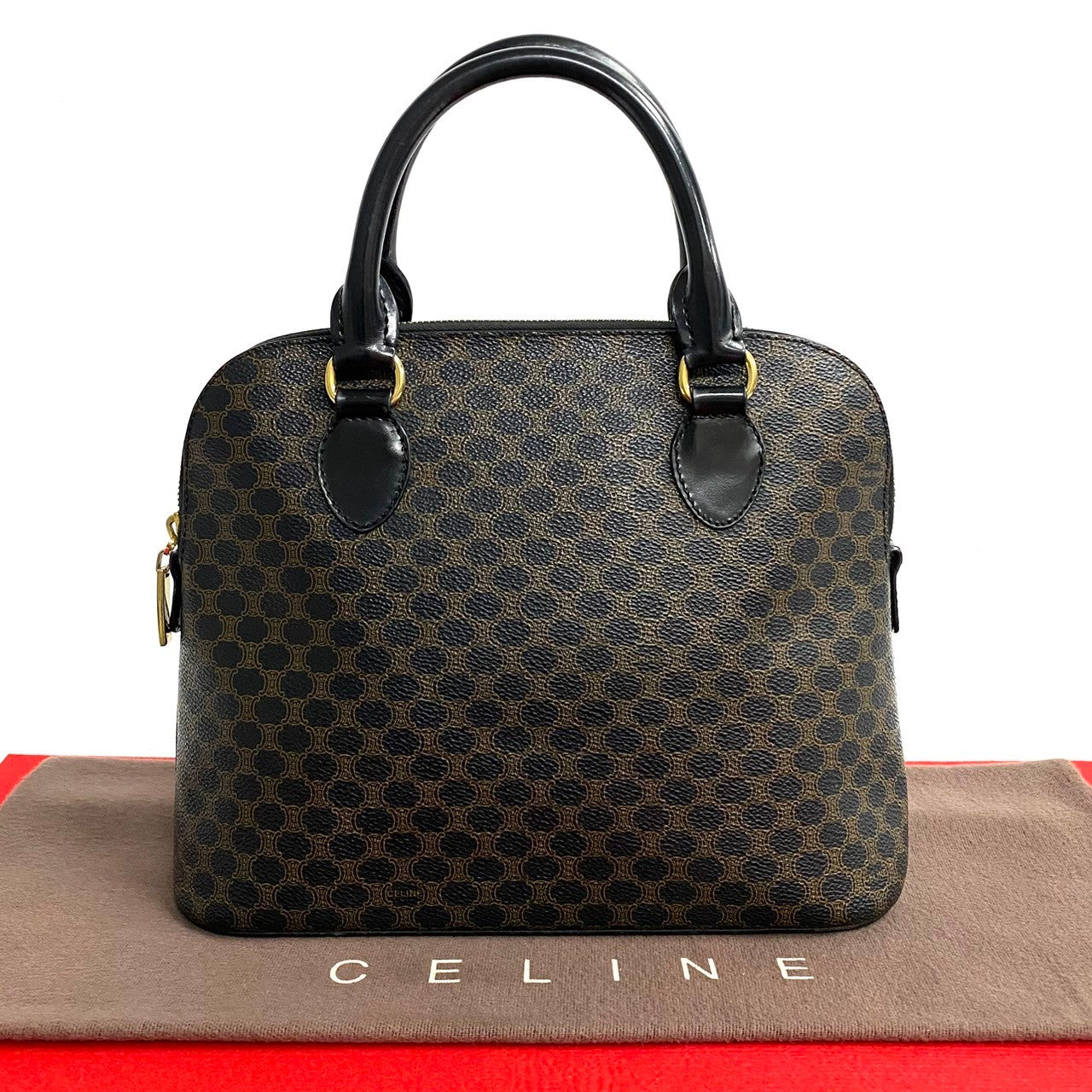 CELINE Handbag Leather, PVC black Macadam Blason Triomphe Pattern Women