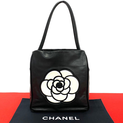 CHANEL Tote Bag lambskin black Camellia logo Women