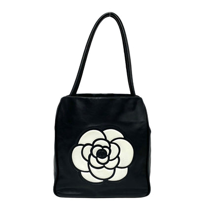 CHANEL Tote Bag lambskin black Camellia logo Women