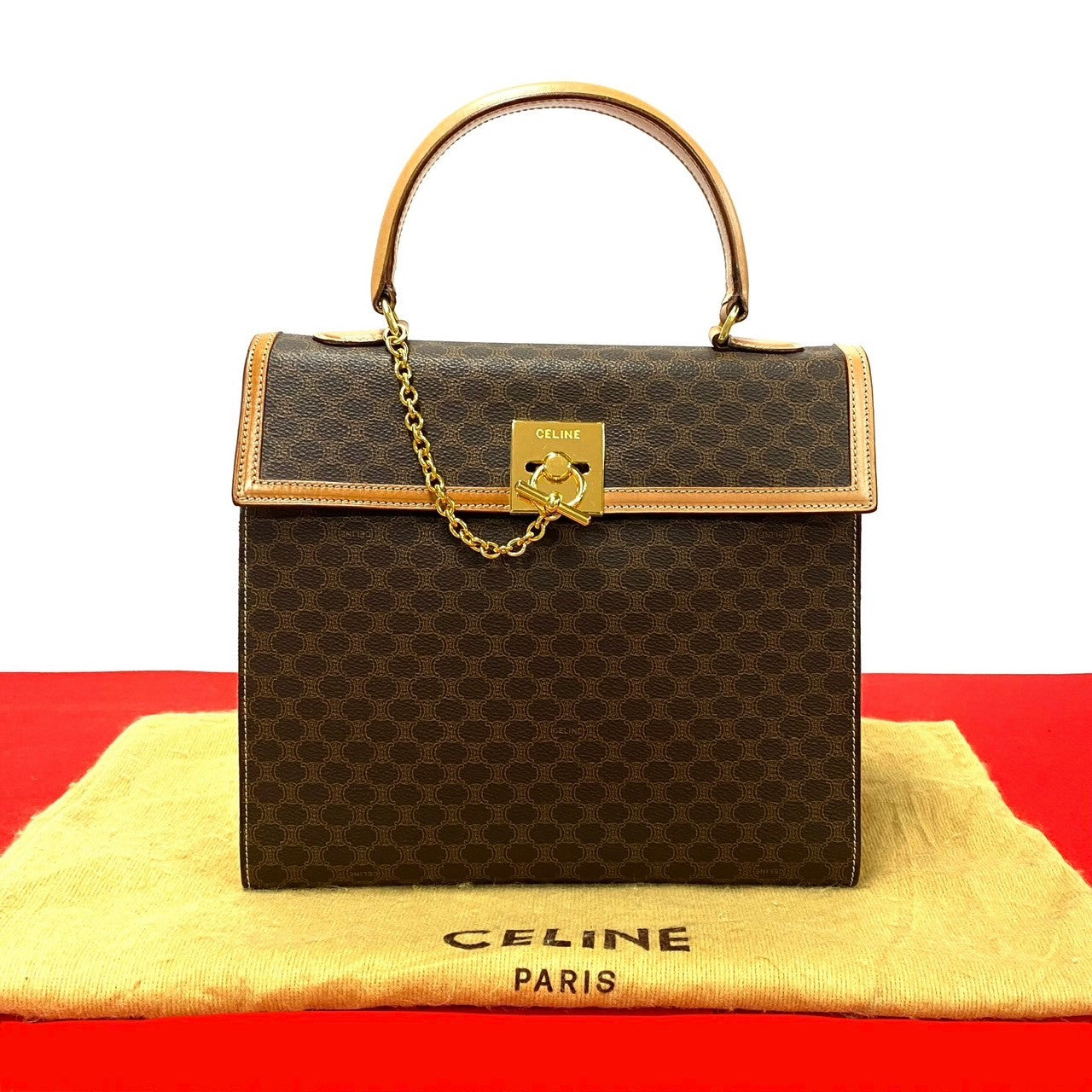 CELINE Handbag Leather, PVC Brown Macadam Blason Triomphe Pattern logo ring Metal Women