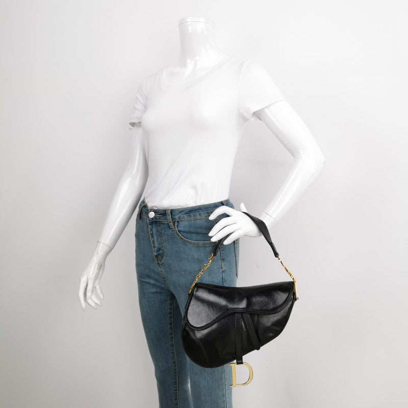 Dior Saddle Vintage 2000 Goatskin Leather Black with Gold Hardware