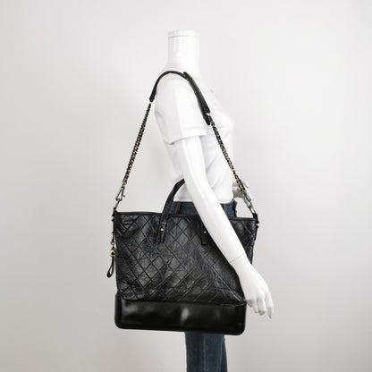 Chanel Gabrielle Large Tote Black Crumbled Calfskin Leather Silver Hardware