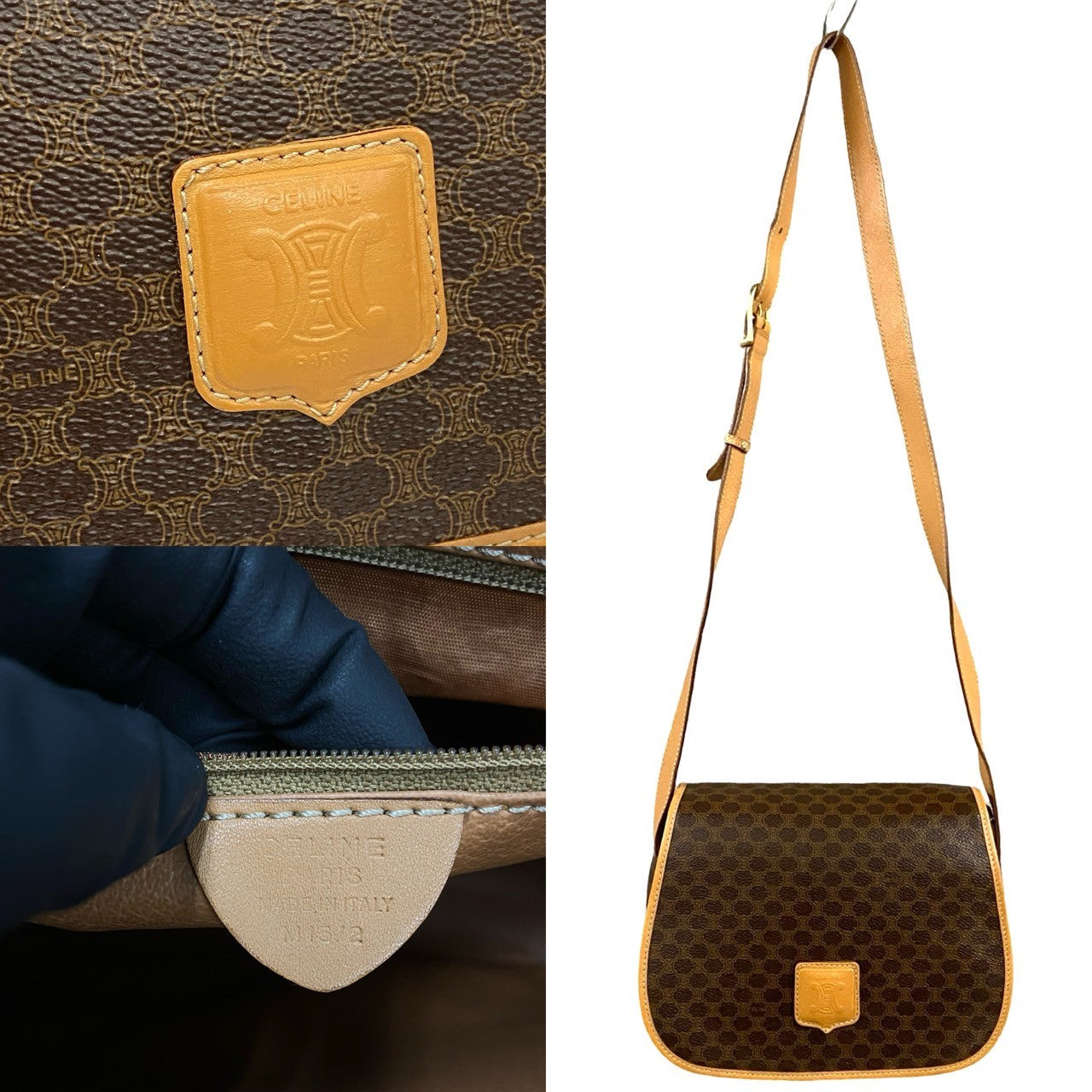 CELINE Shoulder Bag Leather, PVC Brown Macadam Blason Triomphe Pattern Women