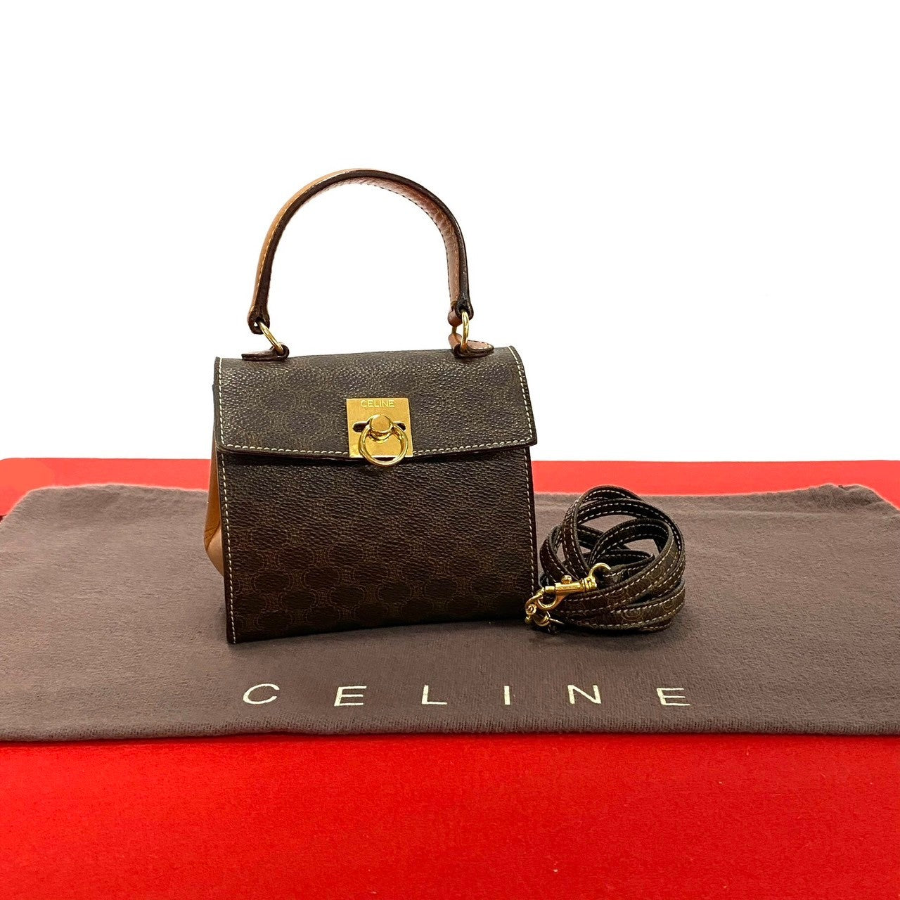 CELINE Shoulder Bag Leather, PVC Brown Macadam Blason Pattern Ring Metal Women