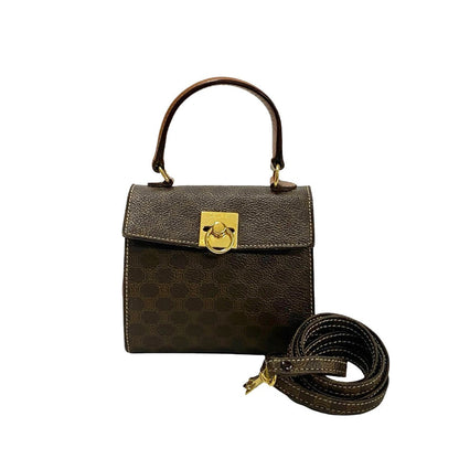 CELINE Shoulder Bag Leather, PVC Brown Macadam Blason Pattern Ring Metal Women