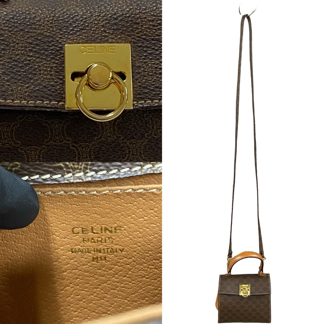 CELINE Shoulder Bag Leather, PVC Brown Macadam Blason Pattern Ring Metal Women
