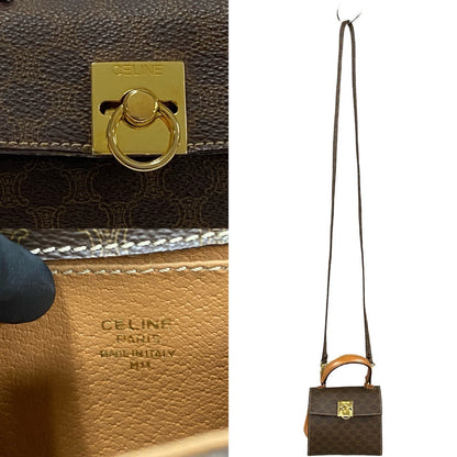 CELINE Shoulder Bag Leather, PVC Brown Macadam Blason Pattern Ring Metal Women
