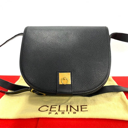 CELINE Shoulder Bag leather black logo ring Metal Women
