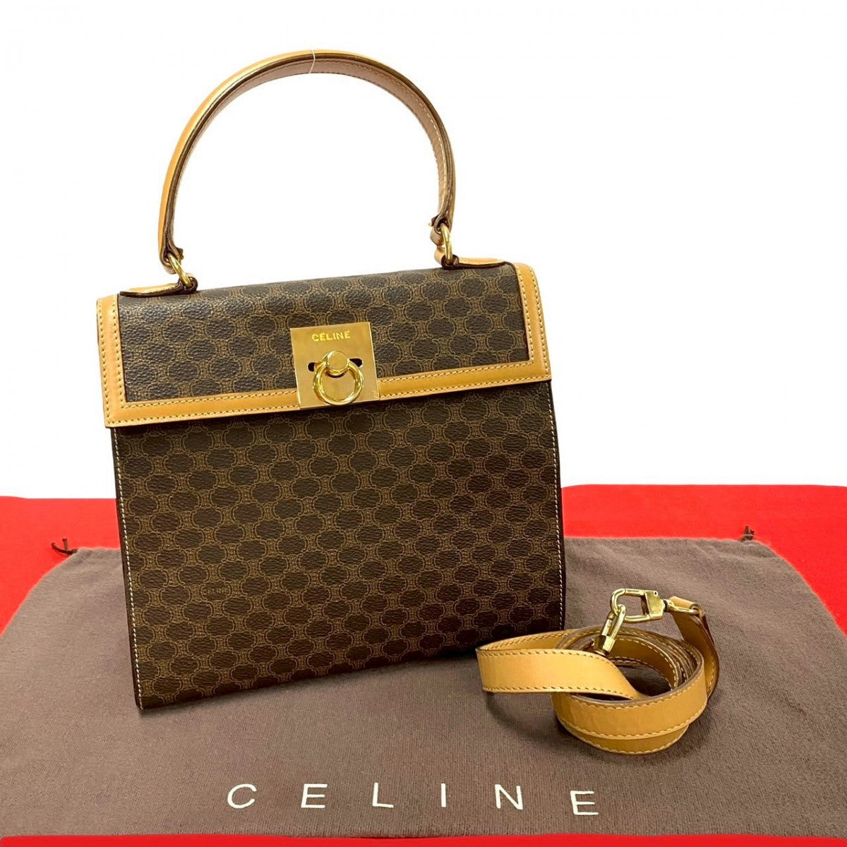 CELINE Shoulder Bag Leather, PVC Brown Macadam Blason Triomphe Pattern logo ring Metal Women