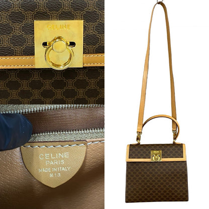 CELINE Shoulder Bag Leather, PVC Brown Macadam Blason Triomphe Pattern logo ring Metal Women